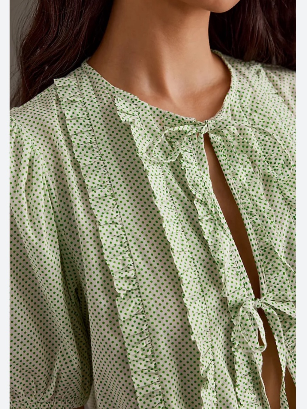 Damson Madder Green Polka Dot Tie-Front Ruffle Blouse